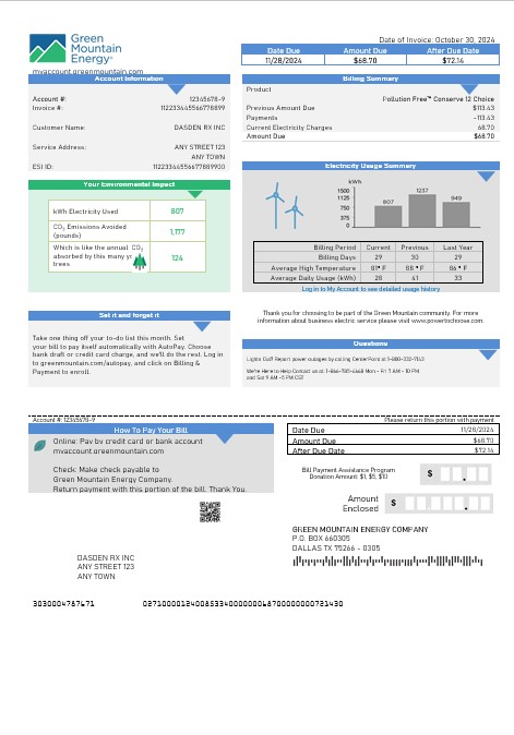 USA Green Mountain Energy business utility bill template in Word and PDF formats